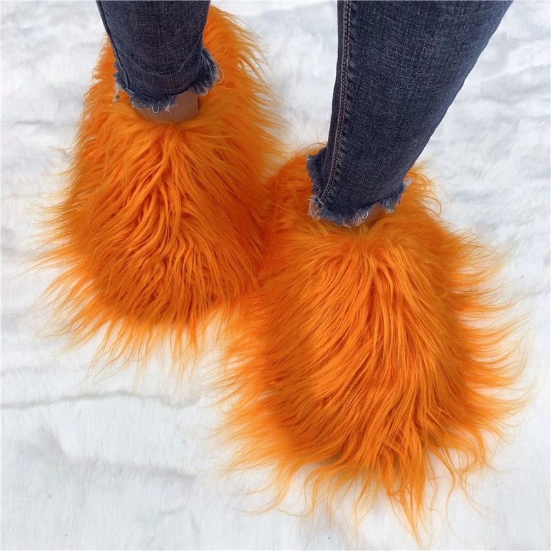 Luxury Fur Slippers Women Round Toe Mongolian Fur Slides Woman Shoes Female Full-Fur Slipper Footwear Soft Round Sole Designer Mongolian Woolen Padded