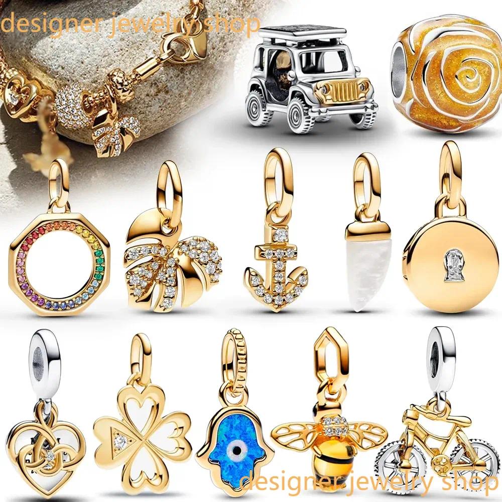 Designer Beads 925 Silver Charms for Bracelet Charm Sparking Gold Monstera Leaf Charm Fit Charm Bracelet Shark Tooth Mini Charm for Girl Party Jewelry
