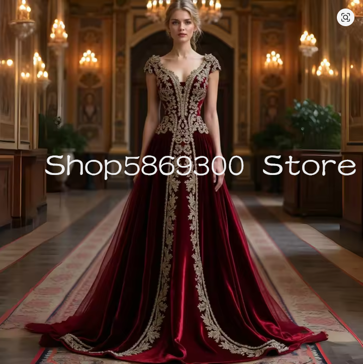Burgundy Velvet Rudor Victorian Prom Dresses Gold Applique Cap Sleeve Baroque Long Evening Formal Gown Customsized
