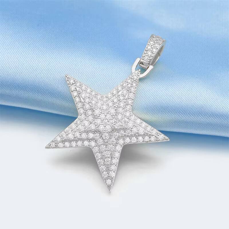 New S925 Sterling Silver Inset Moissanite Shiny Pentagon Star Necklace INS Hipster Cool Hip Hop Pendant