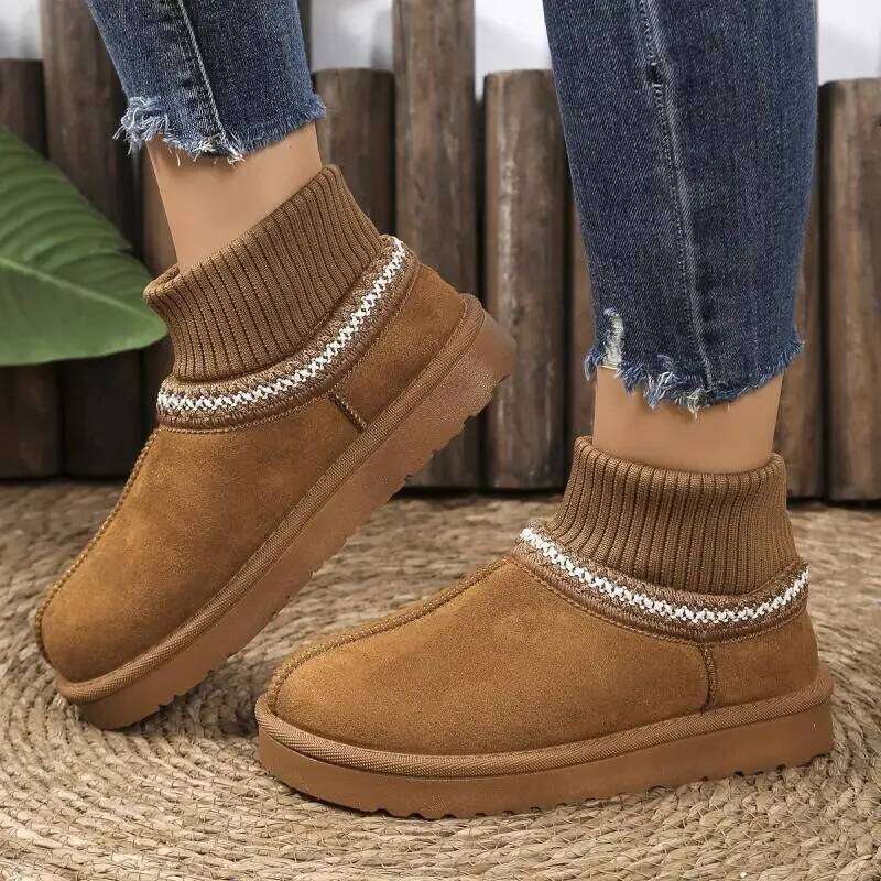 Classic Suede Non Slip Snow Women Winter Soft Thick Bottom Cotton Ankle Boots Warm Plush Embroidery Decoration Shoes