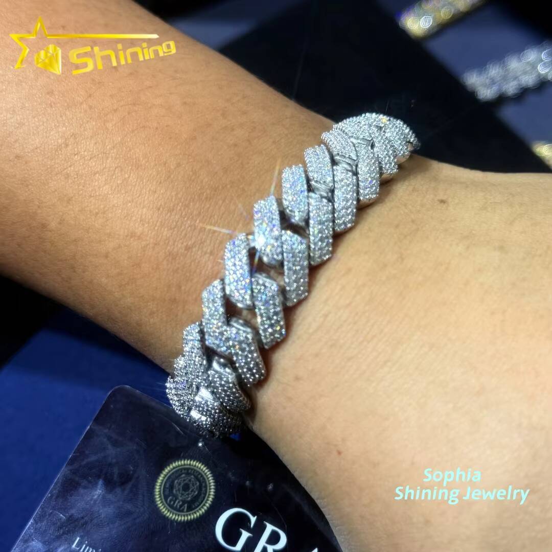 Luxury Bling Fine Jewelry S925 Sterling Silver Hip Hop Iced Out Vvs Lab Diamond Moissanite Cuban Link Bracelet