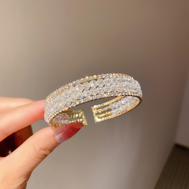 Gold - Toned Crystal Bead - Embellished Wide Cuff Bracelet With Double - Row Zircon Accents Delicate Daily & Luxurious Jewelry Gift For Her High - Qua