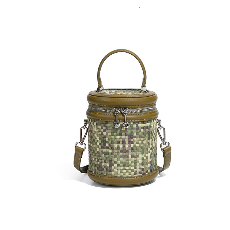 Light Luxury for Women Washed Denim Color-Block Niche Design Fortune Bucket Woven Handbag Tote Cylinder Bag