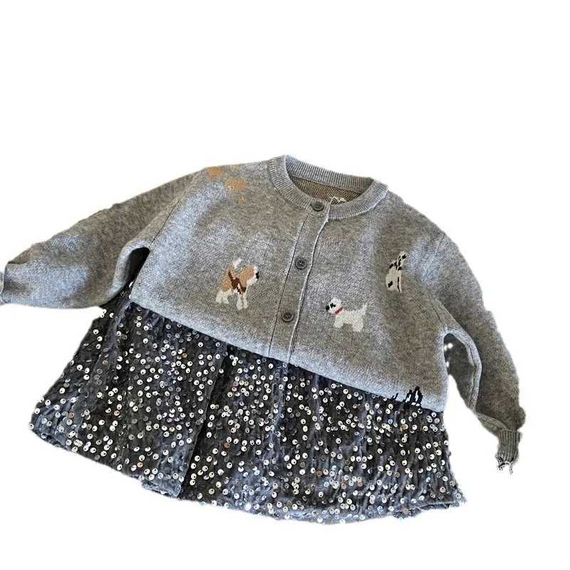 Childrens Clothing New Autumn Girls Puppy Knitted Cardigan Childrens Stylish Sequin Skirt TwoPiece Set Trendy L25092672TL