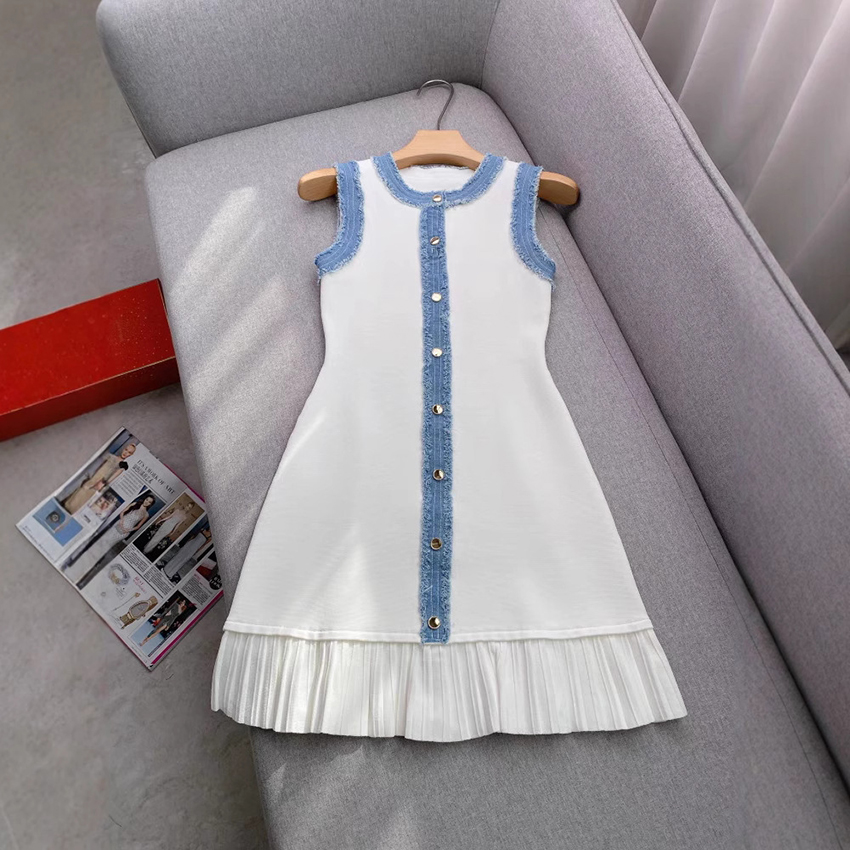 S 2025 Spring/Summer New Design Sense Denim Patchwork Pleated Skirt Hemline Elegant Fashion Sleeveless Swe Dress for Women