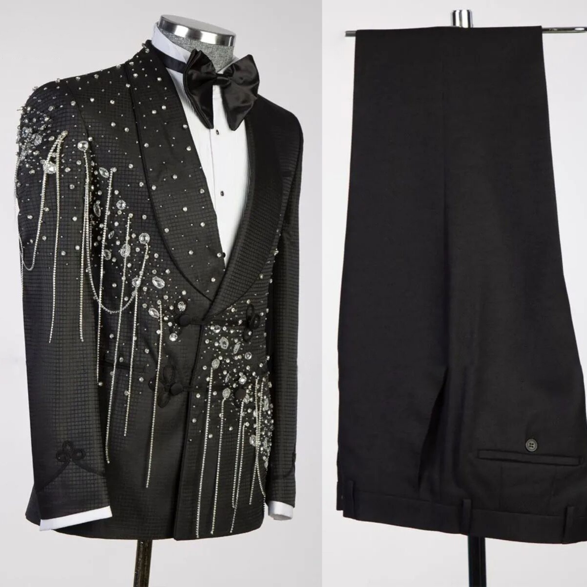 Fashion Black Beaded Men Suits 2 Pieces Sets Diamond Beading Wedding Groom Tuxedo Party Male Prom Blazers Slim Costume Homme