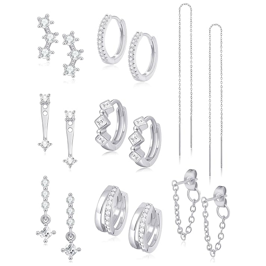 8 Pairs Silver Plated Small Hoop Earring CZ Cartilage Stud Earring for Women Long Chain Drop Dangle Stack Earrings for Multiple Piercings Silver Tone