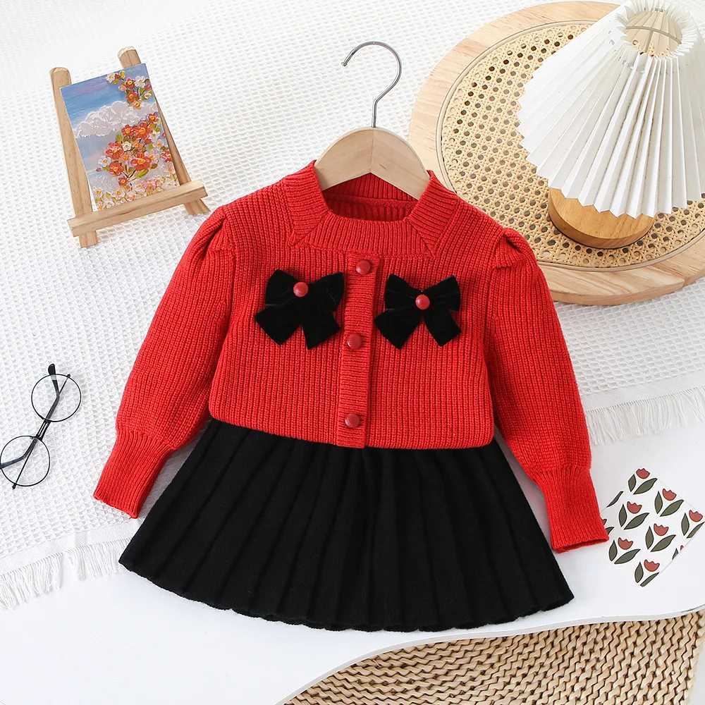Childrens Sweater Skirt Square Neck Bow Knitted Twopiece Set Baby Girl Autumn and Winter New Korean Sweater Skirt L2509269WL3
