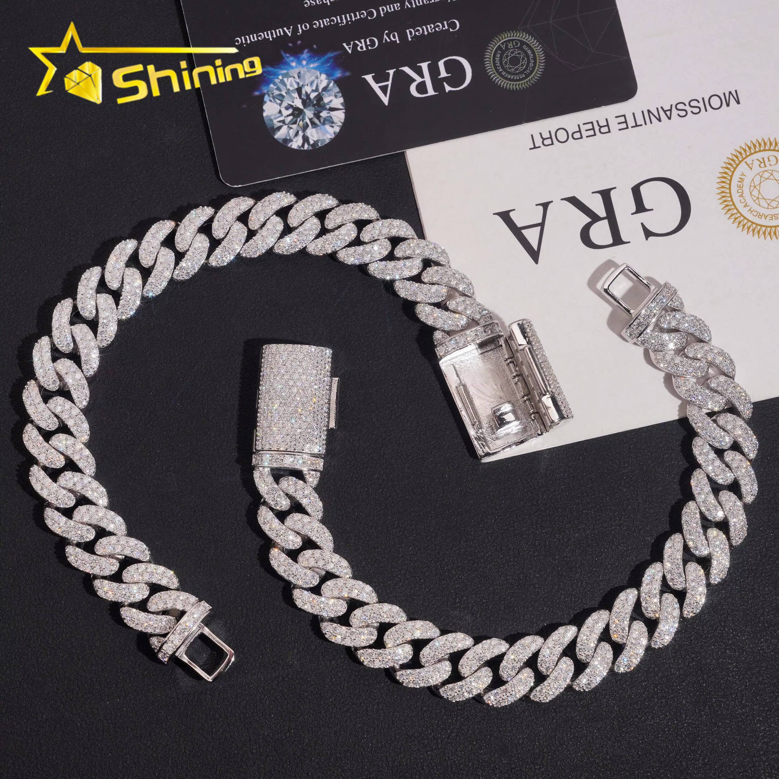 Hip Hop 12mm 2 Rows VVS Iced Out Moissanite Cuban Link Bracelet Custom High Quality 925 Silver Bracelet for Men Women