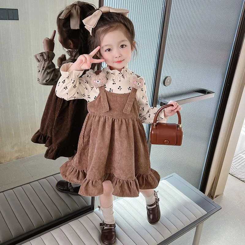 Girls 2025 Spring Autumn Long Sleeve Pinafore Dress with Cute Cherry Bear Print Casual Outfit L2509267Z29