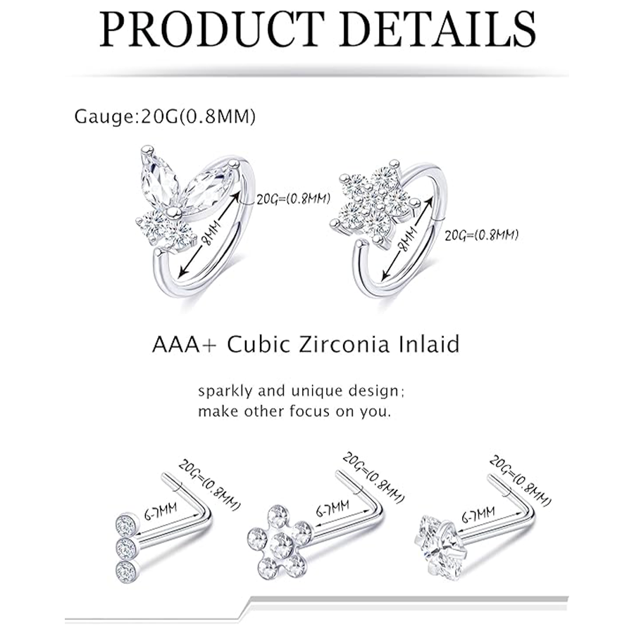 12Pcs Nose Rings Stud L Shape Cubic Zirconia Butterfly Flower Moon Crown Heart Lightning Shape Nose Studs Piercing Jewelry Women Men Silver Plated 20G