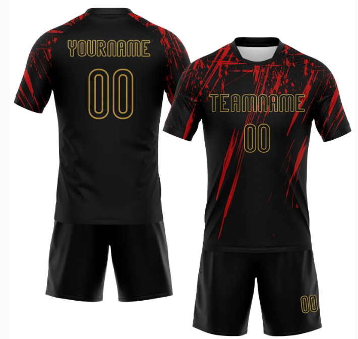 Custom Black Red-Old Gold Splash Sublimation Volleyball Uniform Jersey