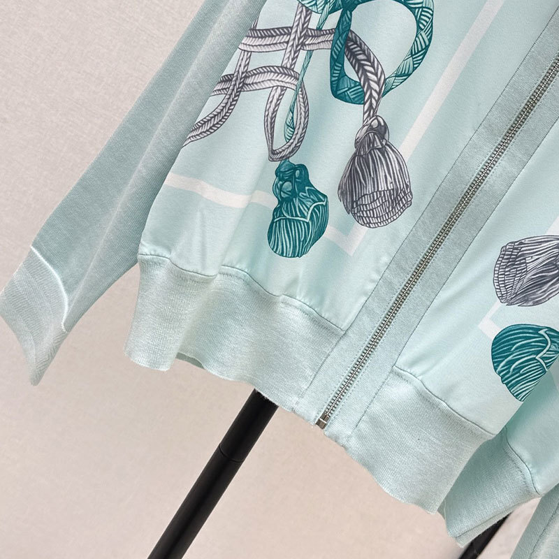 Luxury Designer Women's Rope Print Patchwork Wool Knit Cardigan Autumn Winter New Ruffle Trim Round Neck Zip Up H-Line Sweater Two Colors High Qu