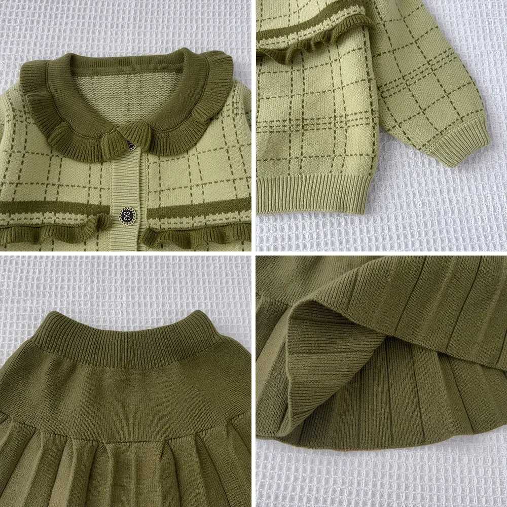 Winter Single Breasted Cardigan Top Cute Flower Girl Outfit Childrens Sets Green Plaid Lace Lapel Sweaterpleated Skirt Sets L250926NTHL