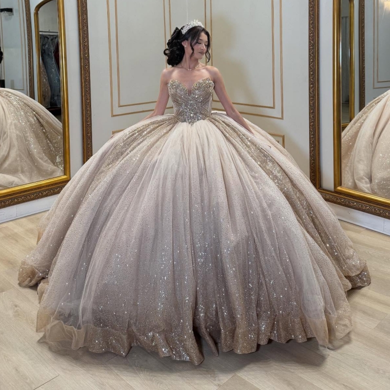 Champagne Shiny Quinceanera Dresses Off The Shoulder Beading Crystal Corset Tull Party Birthday Sweet 16 Dress Vestidos 15 De Anos