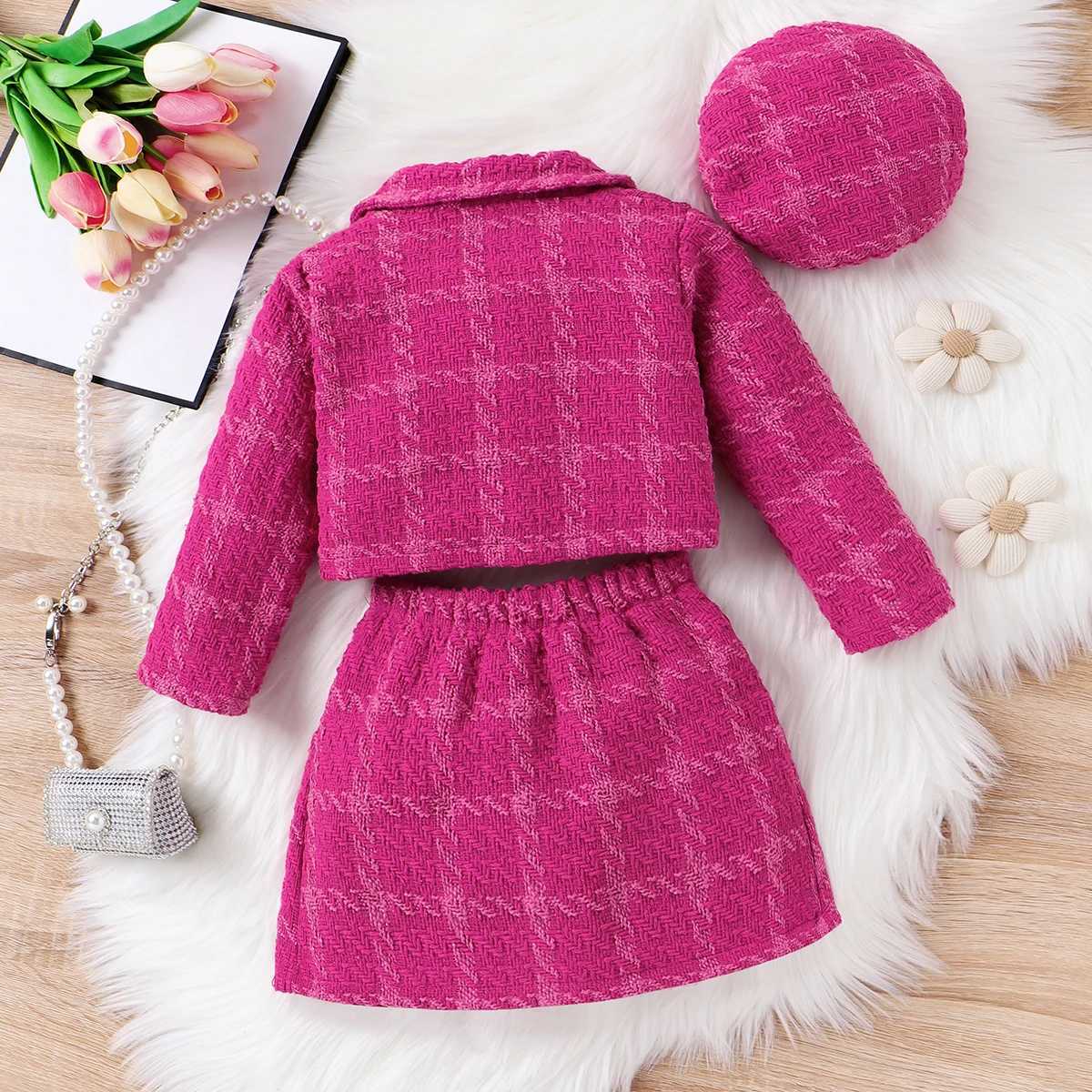 3pcsToddler Girls Solid Color Classic Grid Houndstooth Suit Dress Set with Hat L250926X5D2