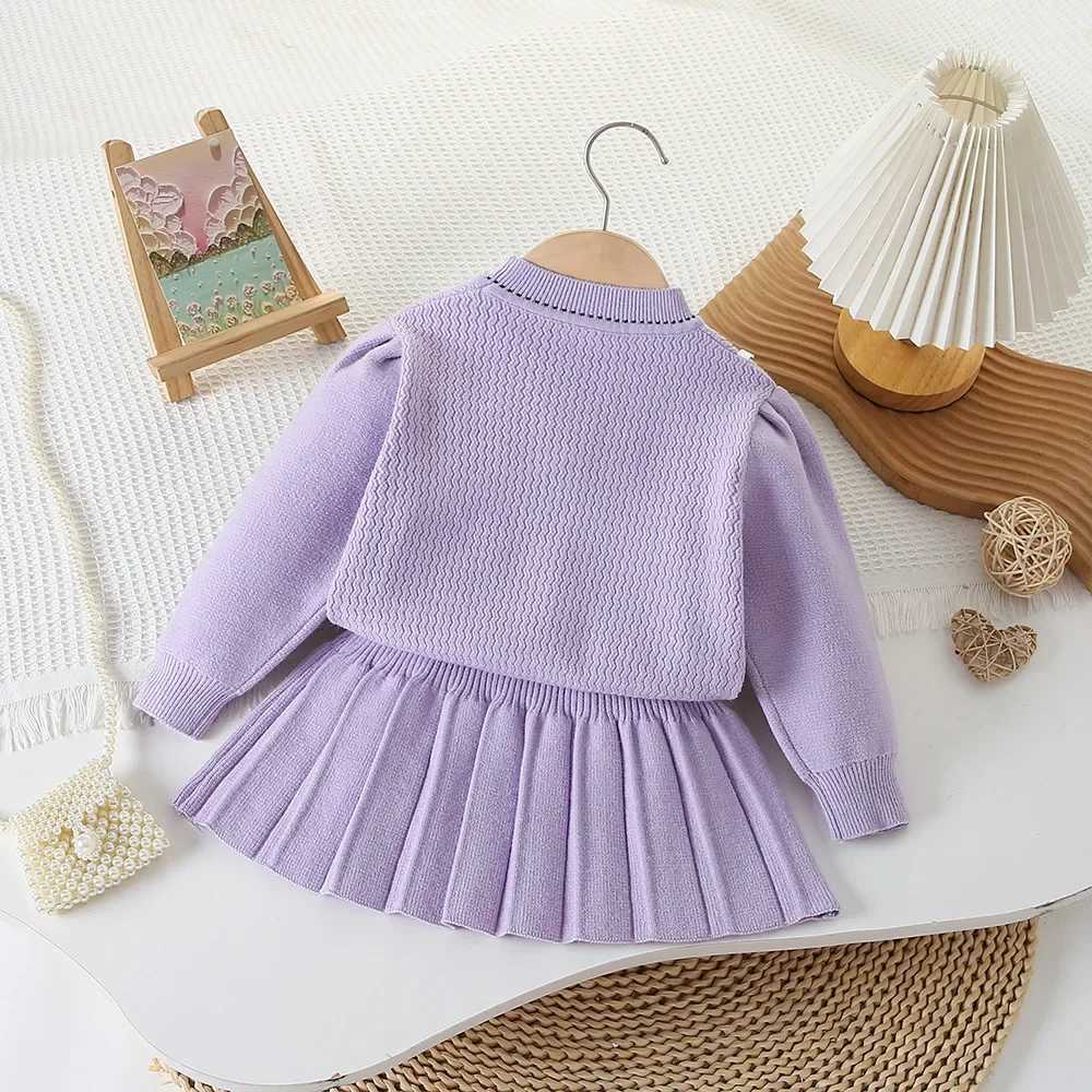 Girls pocket bow pullover sweater bow pleated skirt Small fragrance set sweater knitted sweater kids clothes L250926P1JN