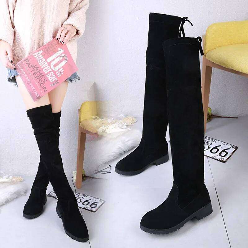 Faux Suede Female Heels Autumn Winter Elastic Knee-high for Women Tube Lace-up Thigh Boots Black Botas