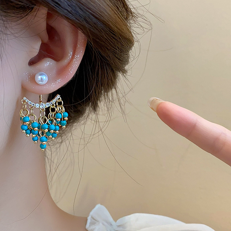 Gold - Toned Dangle Earrings With Turquoise Beads, Pearl And Zircon Accents Delicate Daily & Elegant Jewelry Gift For Her High - Quality And Stylish A