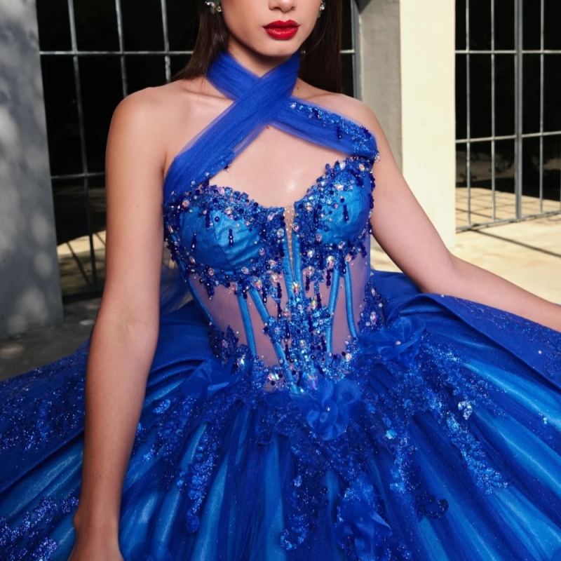 Royal Blue Sparkly Ball Gown Quinceanera Dresses Applique Flower Beading Crystal Tull Sweet 16 Dress Vestidos De 15 Anos