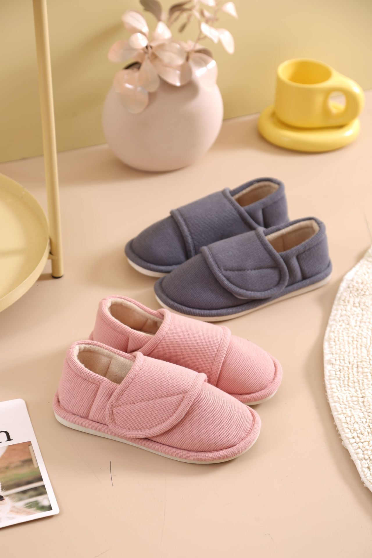 Four-Section Non-Slip TPR Rubber Grain Round Toe Flat Heel Sewing Cotton Slippers Hook and Loop Maternity Shoes ddmymarket