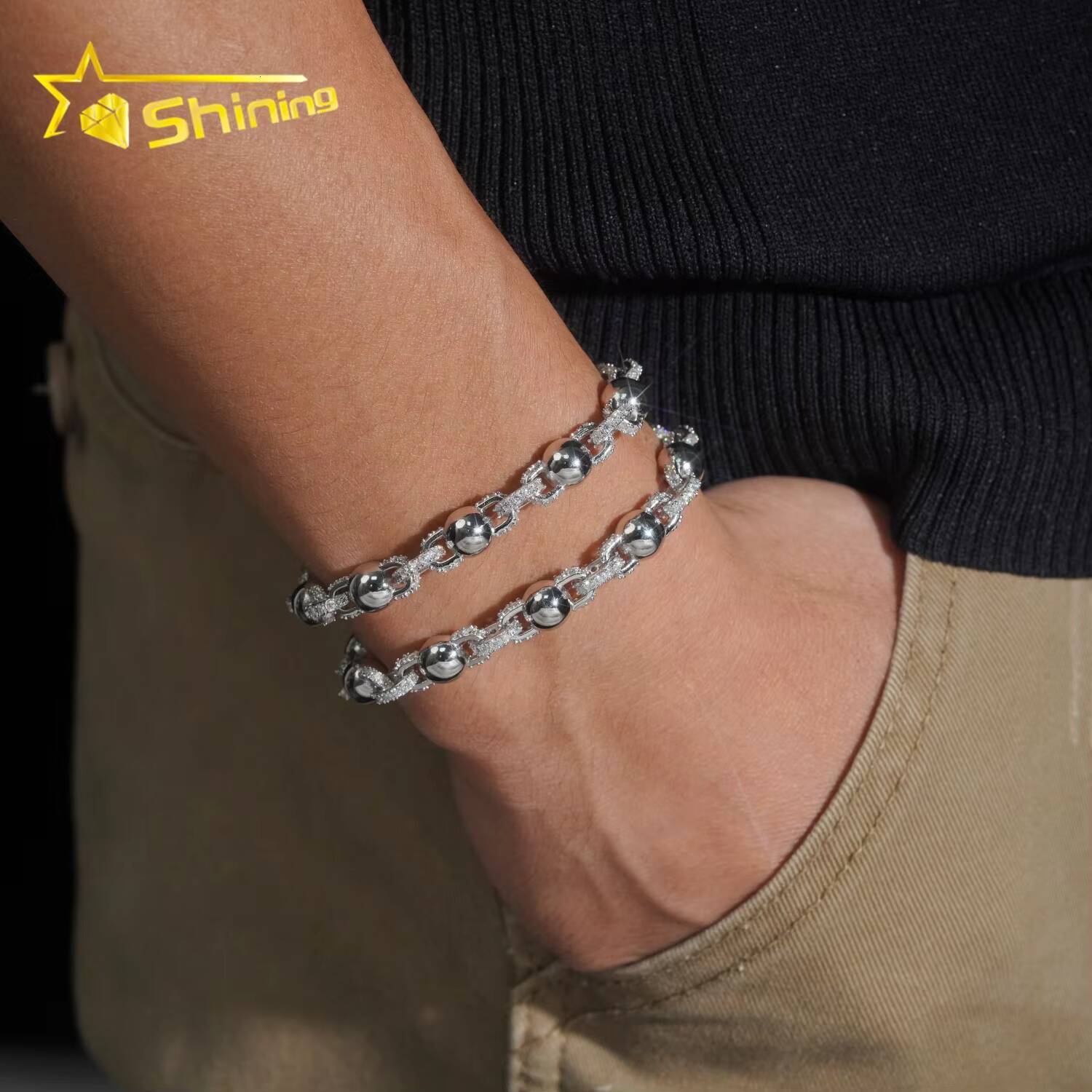 GRA Certificate 925 Sterling Silver Pass Diamond Tester Moissanite Bead 8mm Hip Hop Bracelet