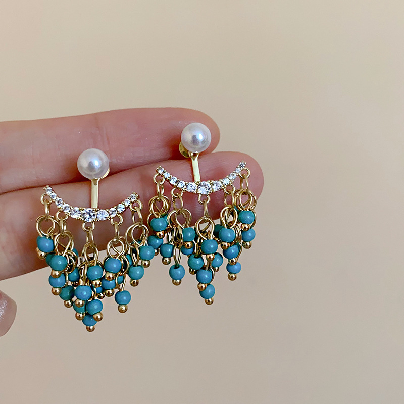 Gold - Toned Dangle Earrings With Turquoise Beads, Pearl And Zircon Accents Delicate Daily & Elegant Jewelry Gift For Her High - Quality And Stylish A