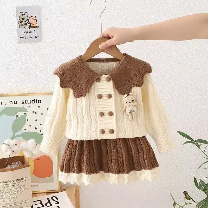 Girls Sweater Set Childrens Cardigan Stylish Autumn and Winter Princess Fashionable Lapel Knit Sweaterskirt Twopiece Set L2509260QUN