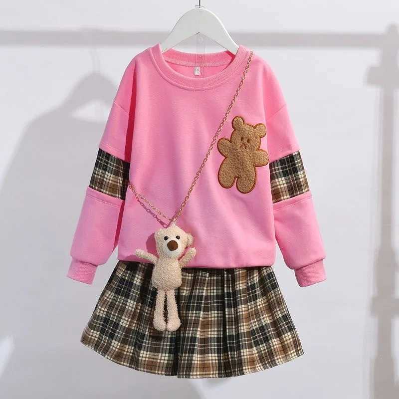 2025 New Fashion School Style Teenager Girls Suit Cute Bear Sweatshirt Plaid Skirt 2Pcs Outfit Autumn Childrens Clothing Sets L2509265H8A