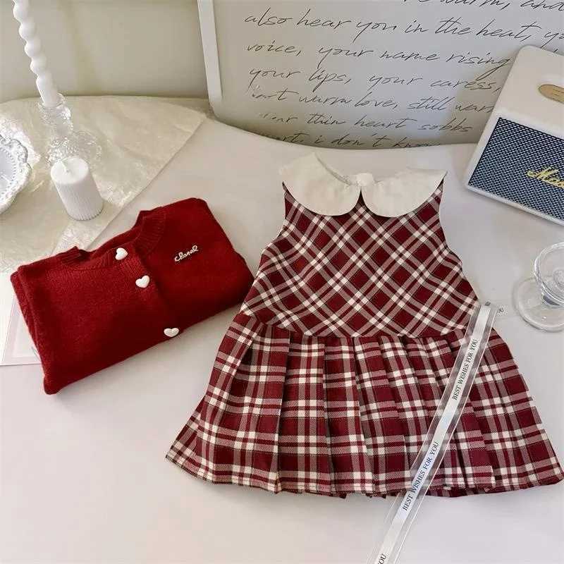 Autumn new baby girl plaid skirt solid color knitted cardigan sweater Korean college style twopiece set trendy L250926NVTS