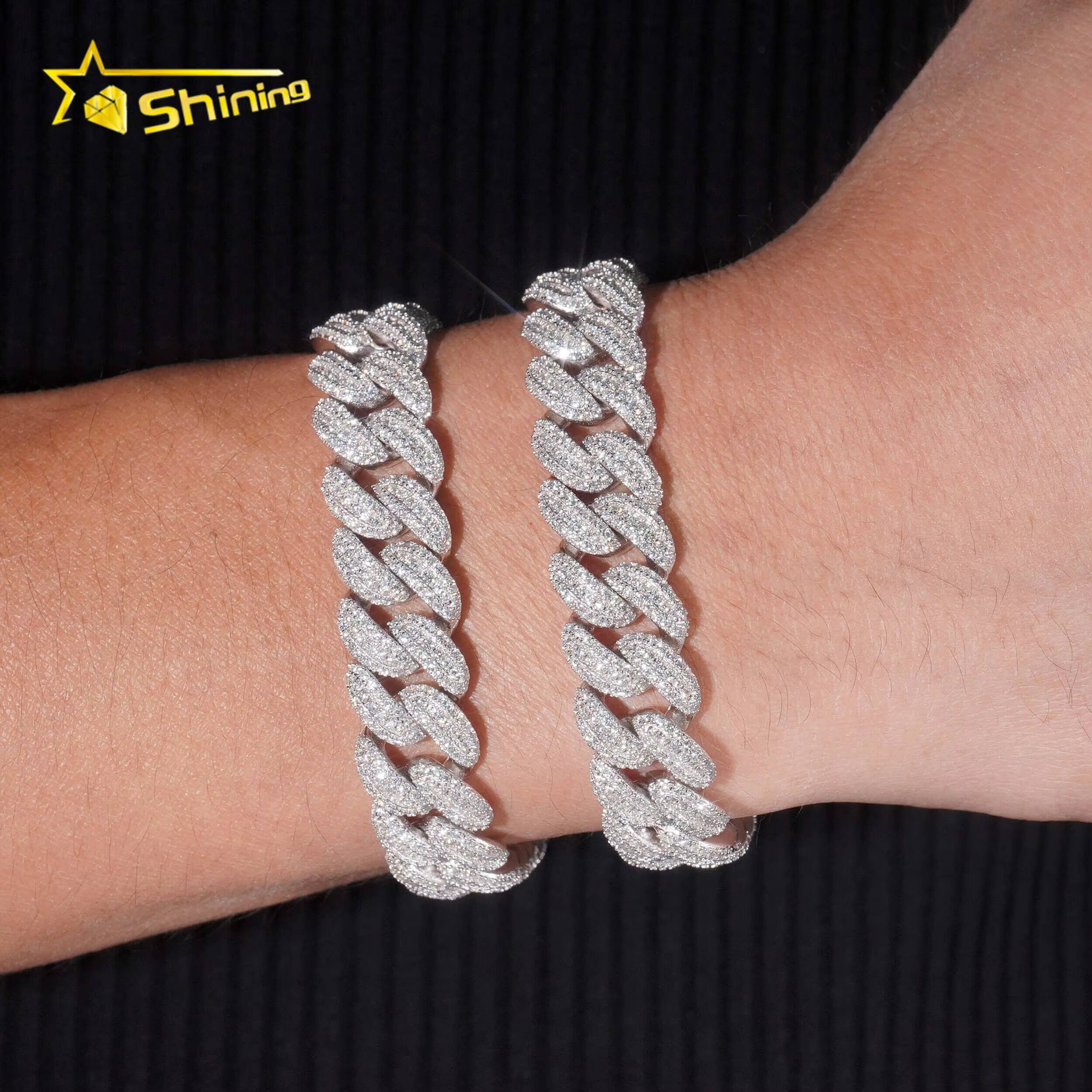 Hot Selling 13MM Moon Shape Cuban Chain Silver 925 Iced Out Hip Hop Jewelry Moissanite Cuban Link Bracelet Men