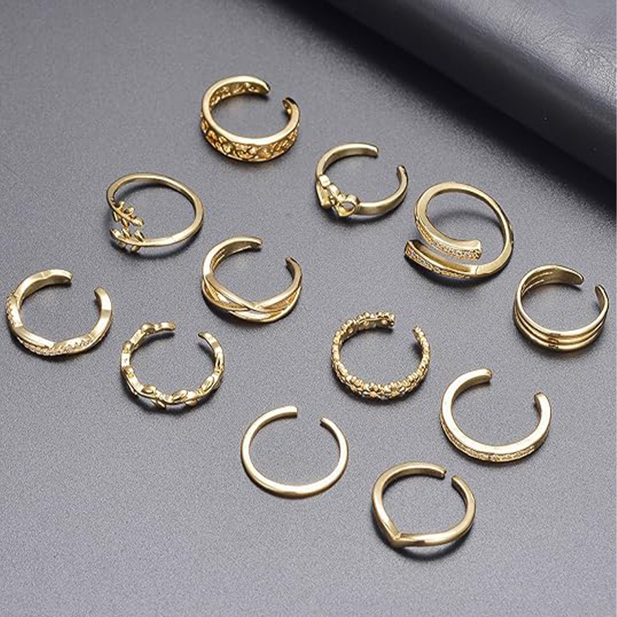 12PCS 18K Gold Plated Toe Rings CZ Daisy Flower Leaf Heart Knot Band Open Tail Ring Beach Foot Jewelry Sets For Women Men Gold Tone