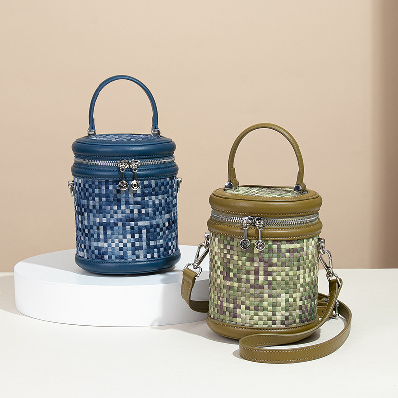 Light Luxury for Women Washed Denim Color-Block Niche Design Fortune Bucket Woven Handbag Tote Cylinder Bag