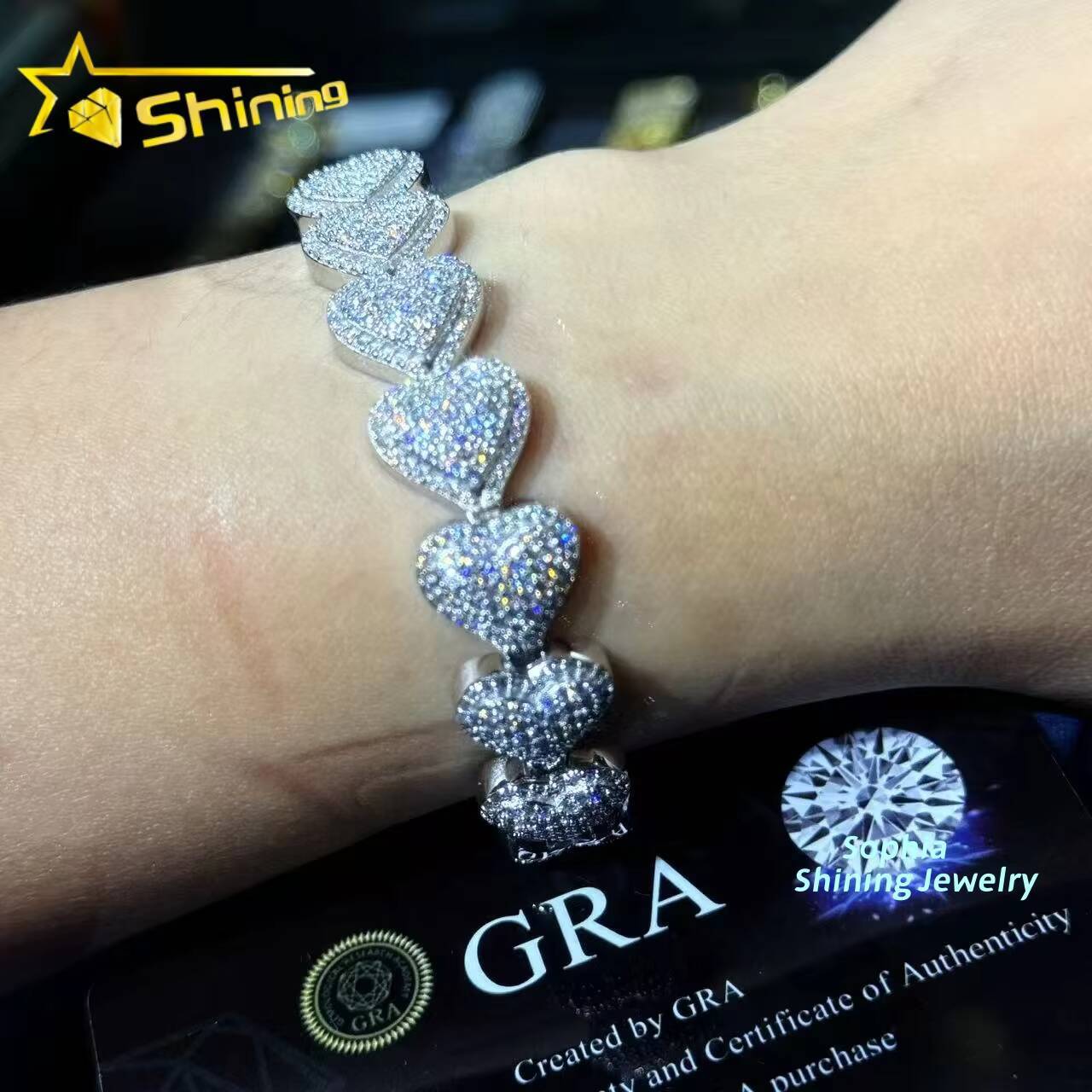 13mm Heart Shape Cuban Chain Bracelet Vvs Moissnaite Iced Out Hip Hop Jewelry VVS Moissanite Bracelet Valentines Day Gift