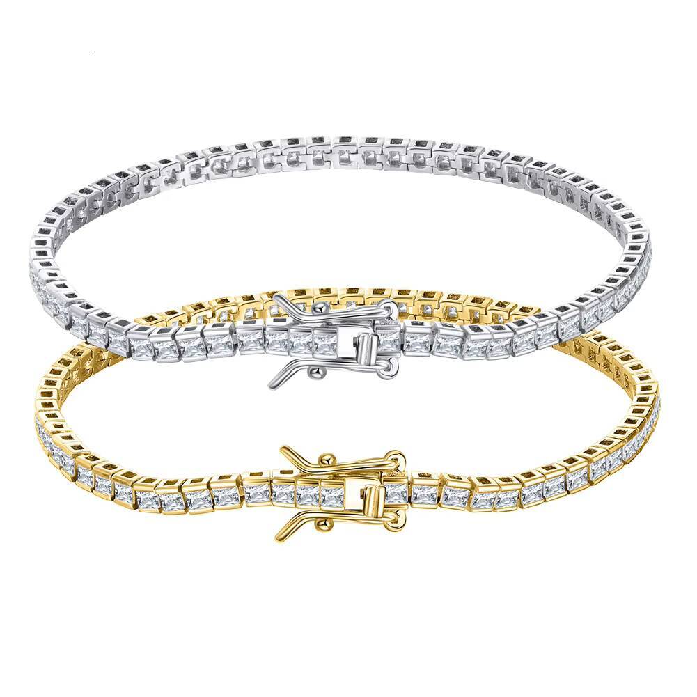 RINNTIN SB144 Fine Jewelry 925 Sterling Silver Rhodium Plated Bezel Setting 2mm Princess Cut CZ Casting Tennis Bracelet