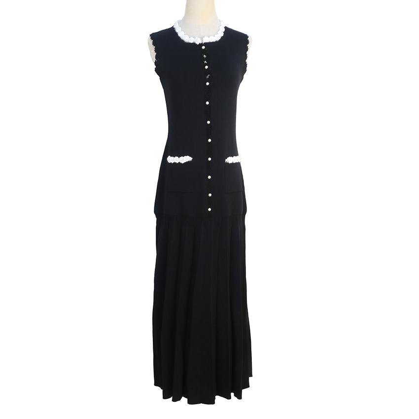 SD2025 Pleated Knit Dress for Women; Spring New Arrival; French Elegance; Lace Color Blocking; Black Sleeess Maxi Dress; Women's Knit Maxi Dress