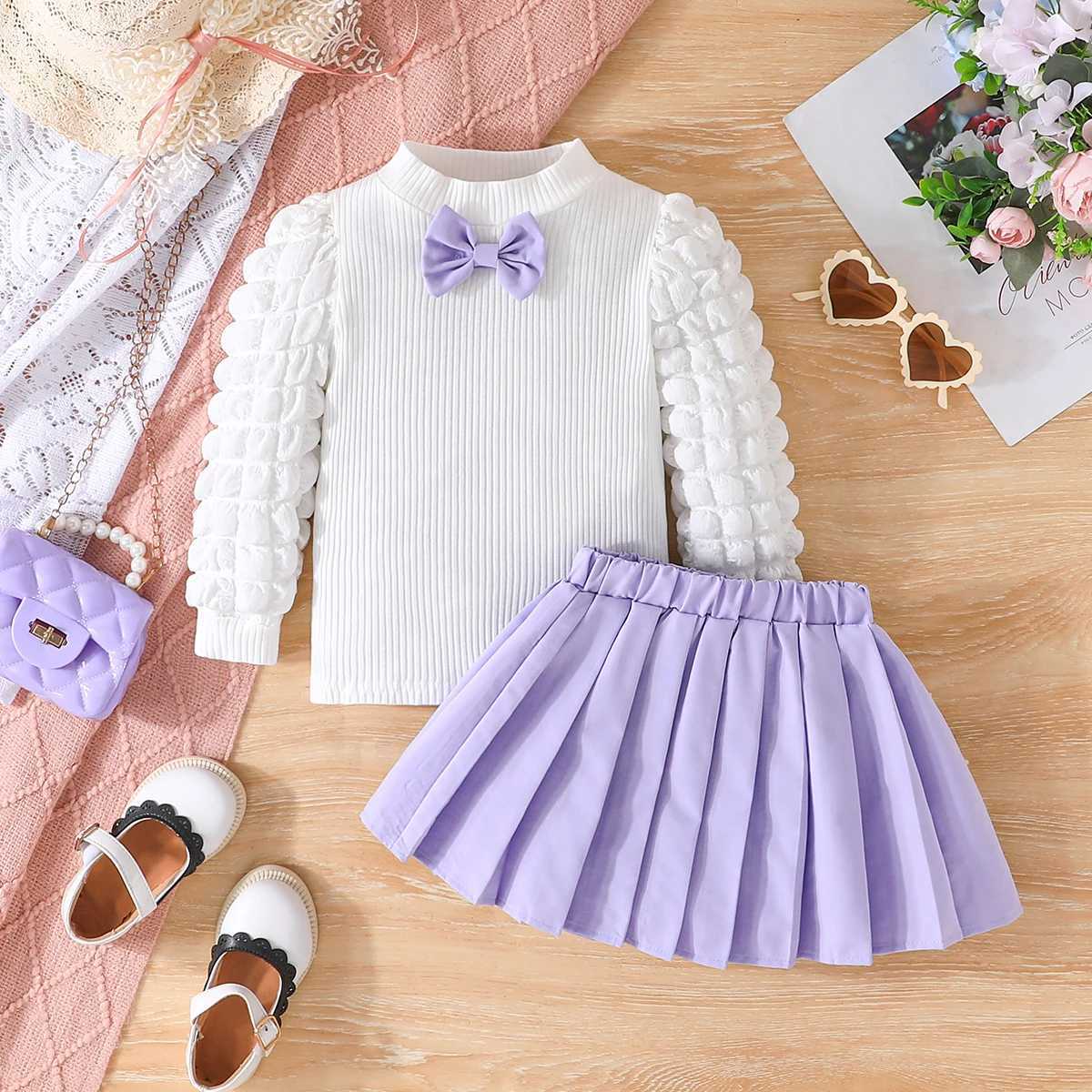 FOCUSNORM 3 Colors Fashion Kids Girls Fall Clothes Sets 38Y Long Puff Sleeve Bow Front Tops Pleated Skirt 2PCS L2509265WTL