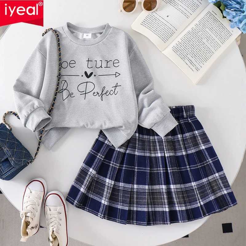 IYEAL Girls Clothing Set Casual Girls Letter Pattern Long Sleeved SweatshirtBlue Checkered Pleated Short Skirt TwoPiece Set L2509261S7U
