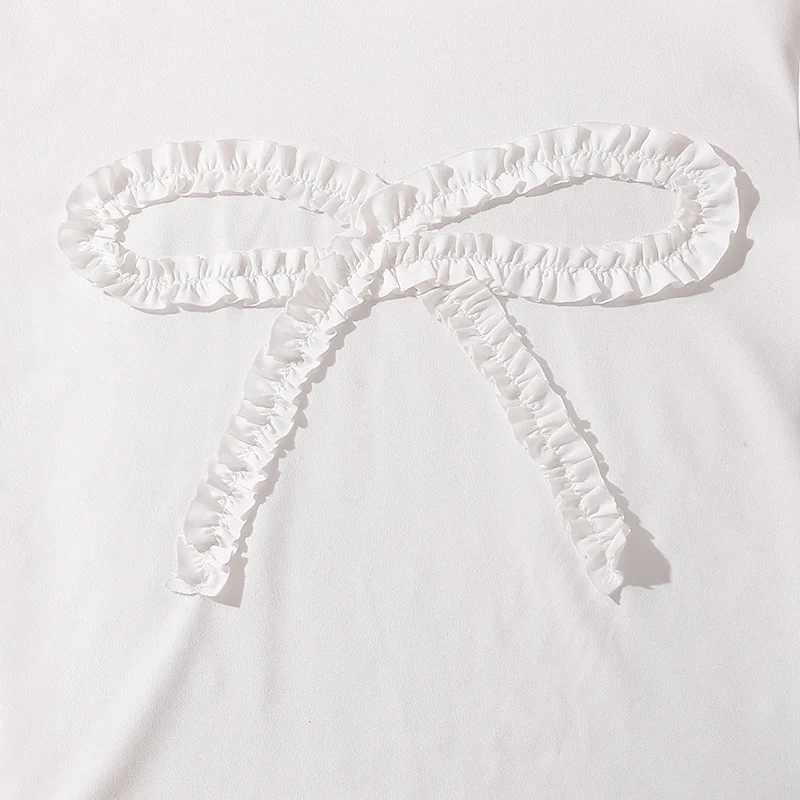 Girls Outfit White Bowknot Trim Tshirt Solid Black Frill Decor Aline Skirt Girls Suits OOTD Trendy Sets L2509260CWR