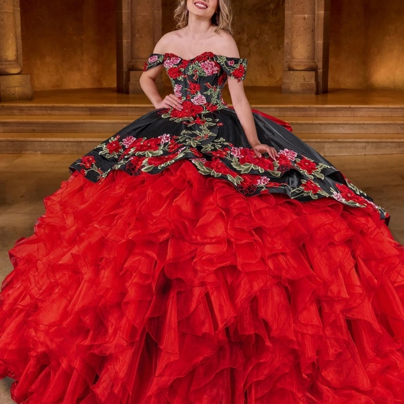 Red Shiny Quinceanera Dresses Off The Shoulder Applique Lace Beads Corset Tiered Tull Party Birthday Sweet 16 Dress Vestidos 15 De Anos