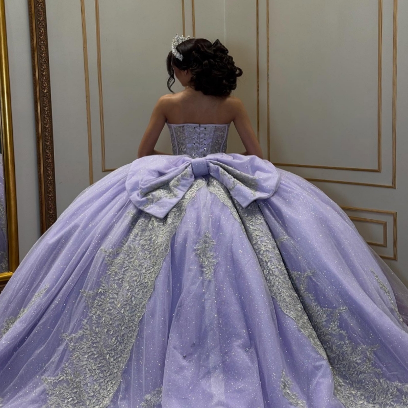 Lavender Shiny Quinceanera Dresses Off The Shoulder Applique Lace Beading Crystal Bow Corset Tull Party Birthday Sweet 16 Dress Vestidos 15 Anos