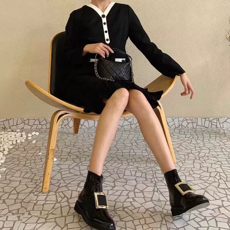 Ddmysports Patent Leather Rhinestone Square Buckle Flat Toe Marten Boots Women S Round Low Heel Adjustable Strap Short Rubber Sole Outdoor Shoes