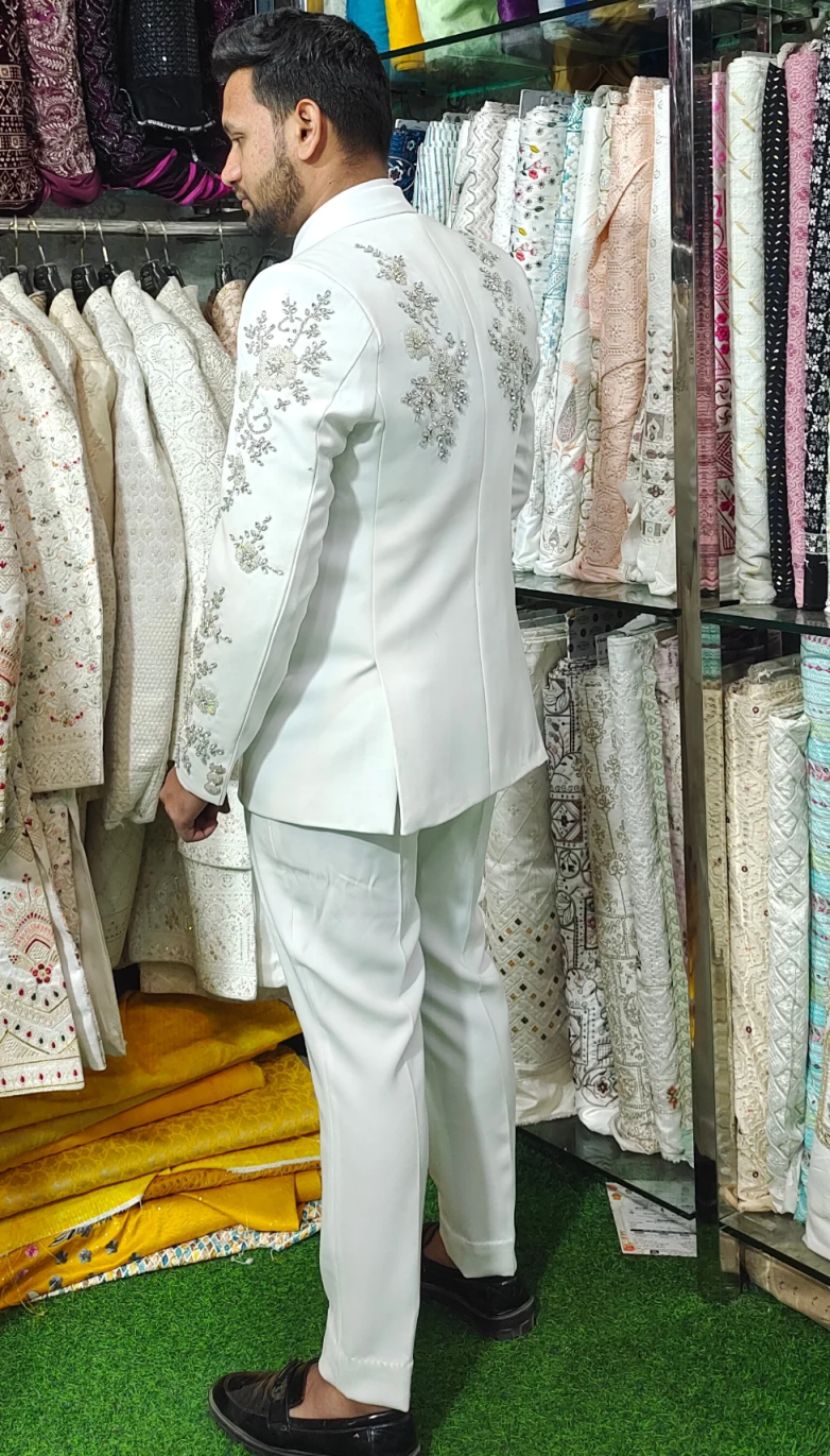 Luxury Crystals Beaded Men Suit 2 Pieces Jacket Pants Single Breasted Groom Wedding Tuxedos Party Prom Special Occasions Customized