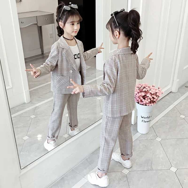 Blazers Suit for Girls Autumn Plaid Jackets Pants Pleated Skirt Two Pieces School Uniform Children Clothes Formal Wear 10 12 Y L250926YHJD