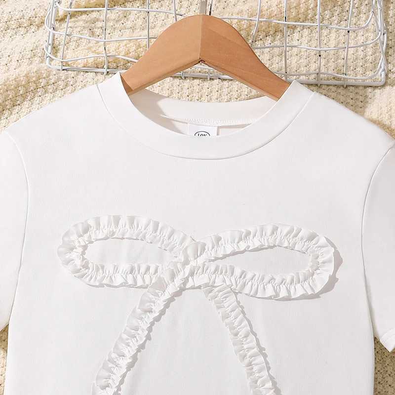 Girls Outfit White Bowknot Trim Tshirt Solid Black Frill Decor Aline Skirt Girls Suits OOTD Trendy Sets L2509260CWR