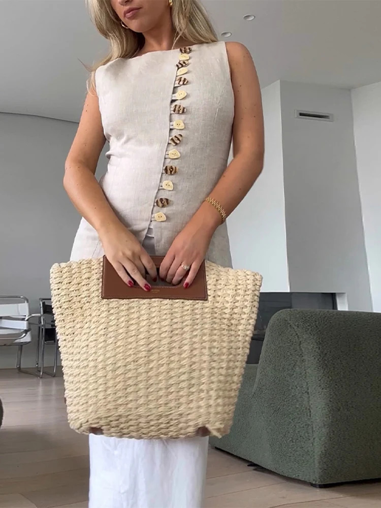 Elegant Solid Women 2 Pieces Suits Oneck Sleeveless Single Breasted Slim Tank Aline Mini Skirts 2025 Summer Lady Sets 250811m