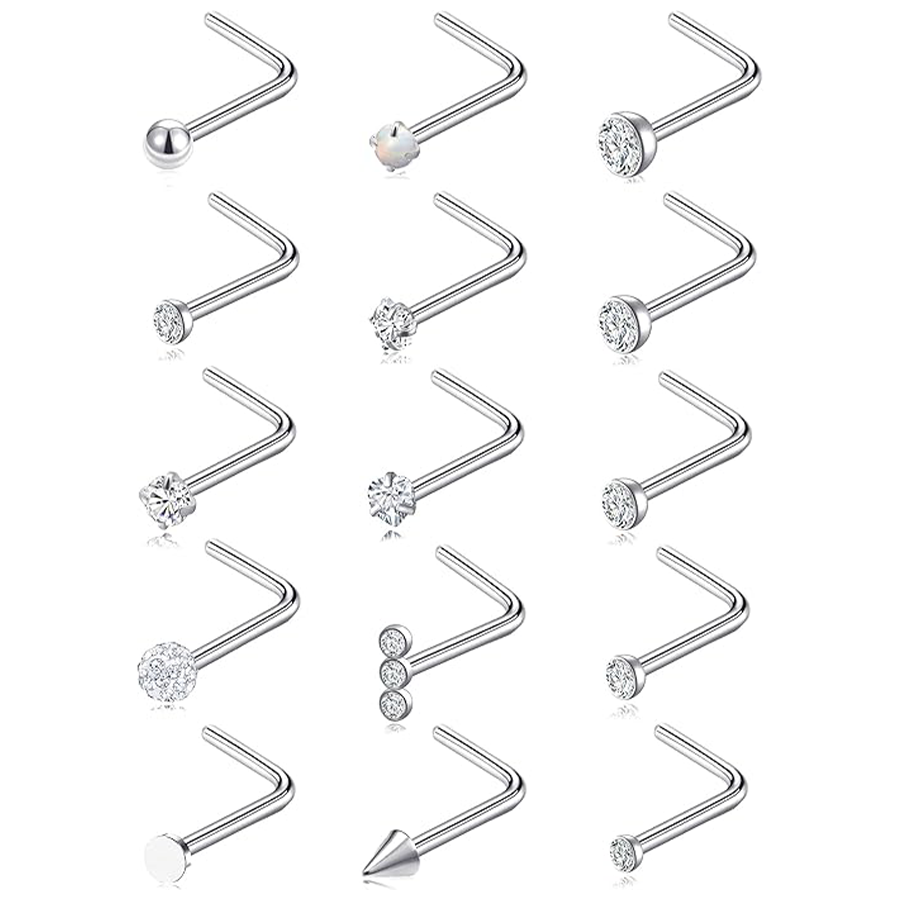 15PCS Titanium Nose Studs Ring L-Shaped Round CZ Ball Opal Star Heart Nose Studs Nostril Body Piercings Jewelry Set for Women Men Silver Tone 20G