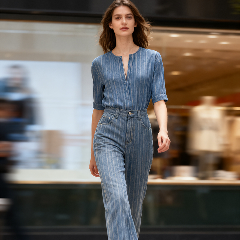 Women's Jeans Women's Casual Striped Denim Wide-Leg Pants High-Waisted Slimming Straight-Leg Loose Retro Washed Jeans Trousers CK002