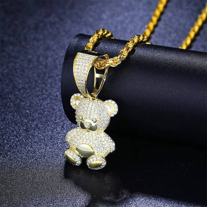 Iced Out Bear Pendant Necklace Moissanite Diamond 925 Sterling Silver Hiphop Pendant